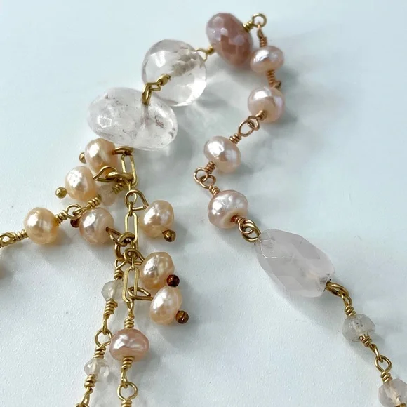 Blush Pink Gemstone 14k Gold Filled Multistrand Necklace, Baroque Pearl Cross - Picture 6 of 7